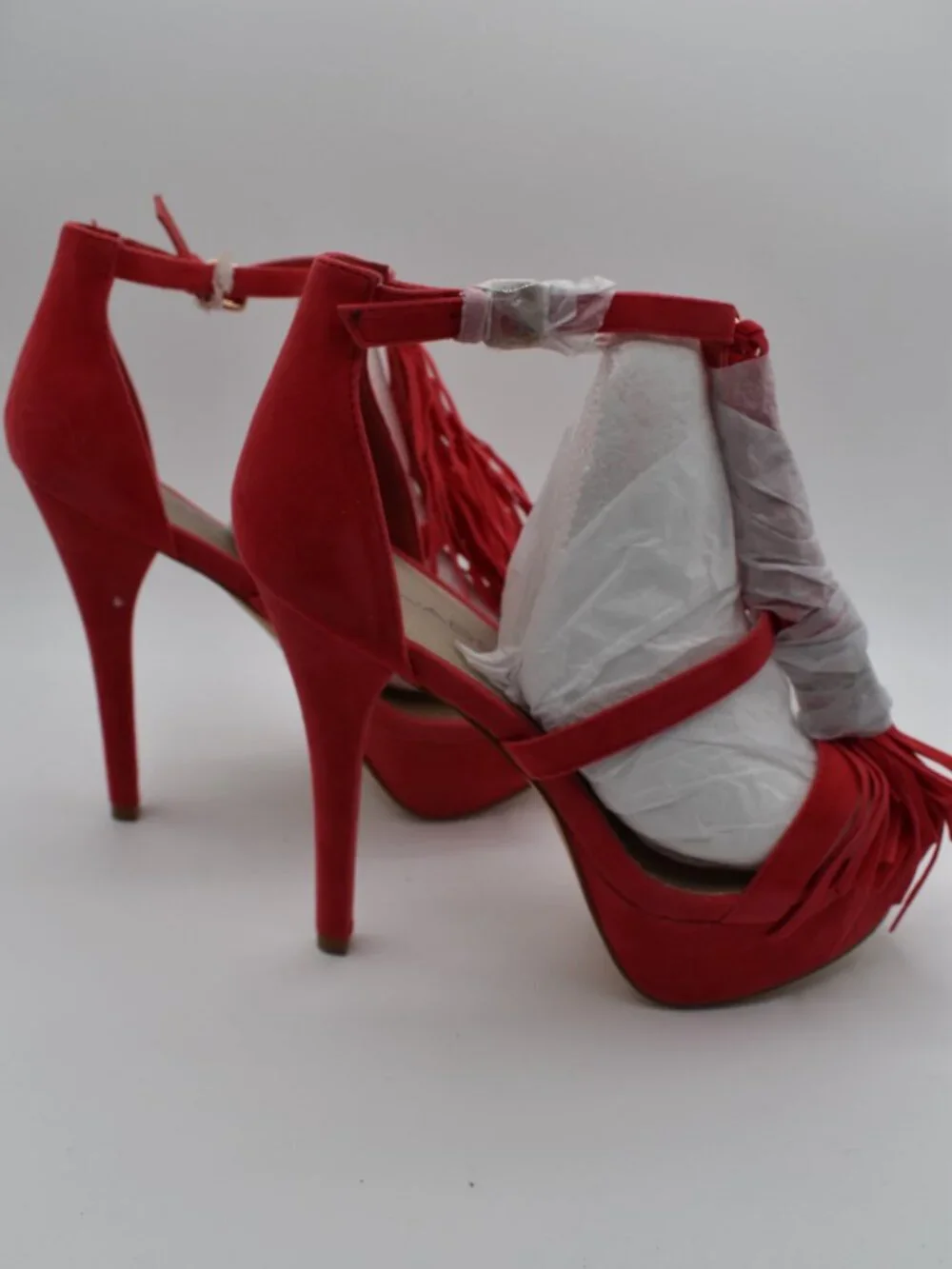 New in Box 7.5 Pink/Coral Fringe Platform Stiletto Heels by C. Label Open Toe